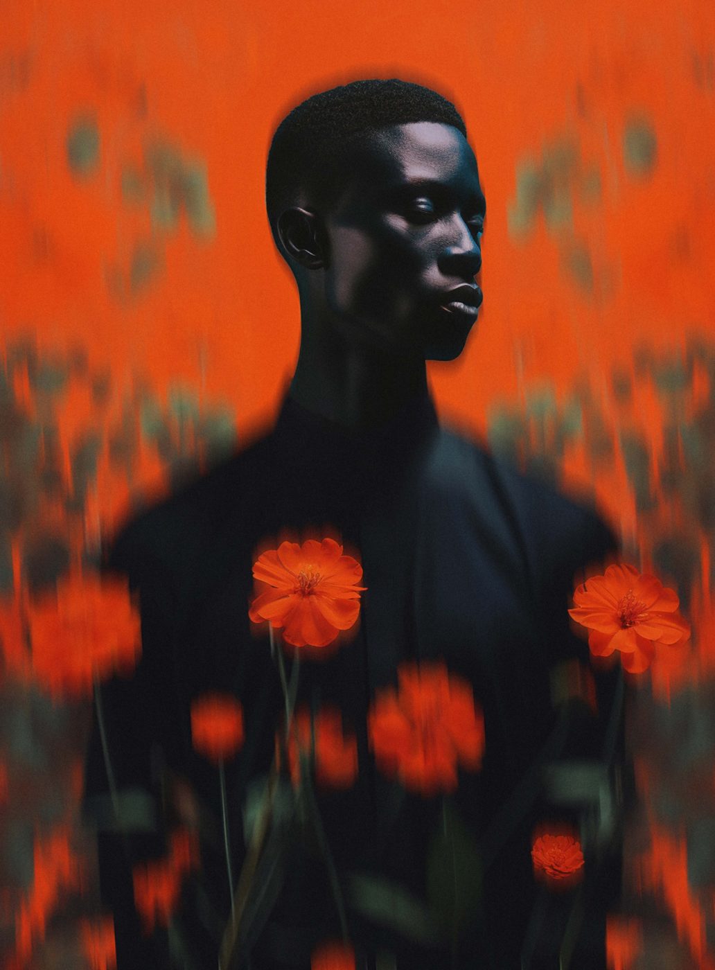 A man stands surrounded by orange flowers.